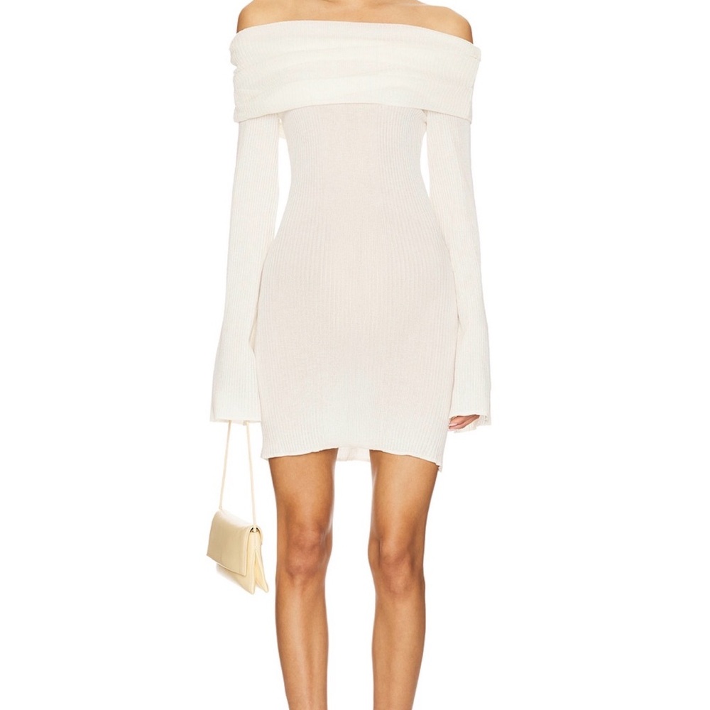 Off-the-Shoulder Ribbed Knit Mini Dress in Cream